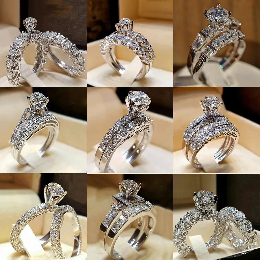 Diamond Crytal Anéis Cubic Zirconia Anel Crown Anel de Casamento Conjuntos Nova Moda Branco Cor De Ouro Clear Anéis Zircão Para As Mulheres Will e Sandy