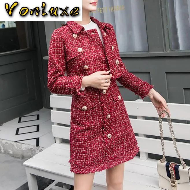 Suits Mulheres Runway Designer Senhora elegante do escritório formal paletó de tweed Red Blazer Mini-saia 2 conjuntos de peças 2020 Outono Inverno