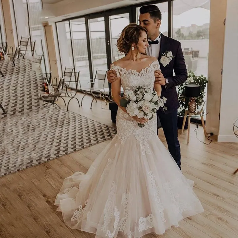 Off Shoulder Mermaid Wedding Dresses 2024 Ivory Lace Beige Tulle Bridal Gowns