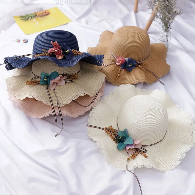 Mode barn barn sol hatt tjej sommar blommig design strand halm hattar platt mössa 4-8y söt toddler tjej tillbehör hatt 2020