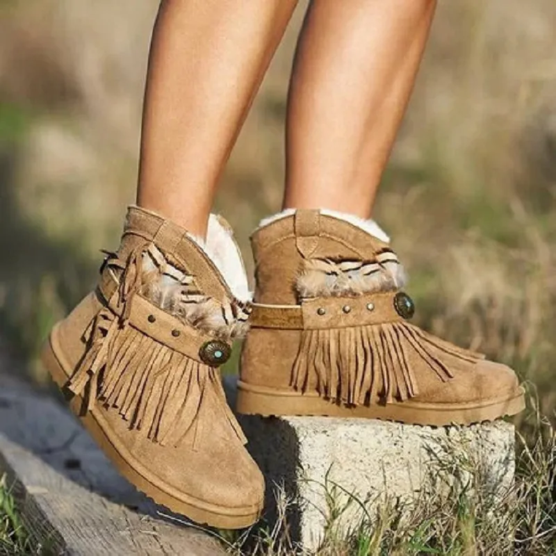 Sneeuwlaarzen Vrouwen Winter Pluche Bont Warme Dames Vlakke Enkellaarzen Zapatos Mujer Platform Fringe Feather Katoenen Schoenen