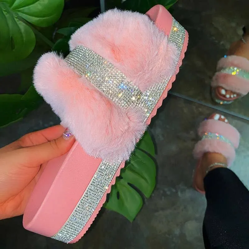 Cute Womens Fur Slides Rhinestone Bling Glitter Sandals For Autumn