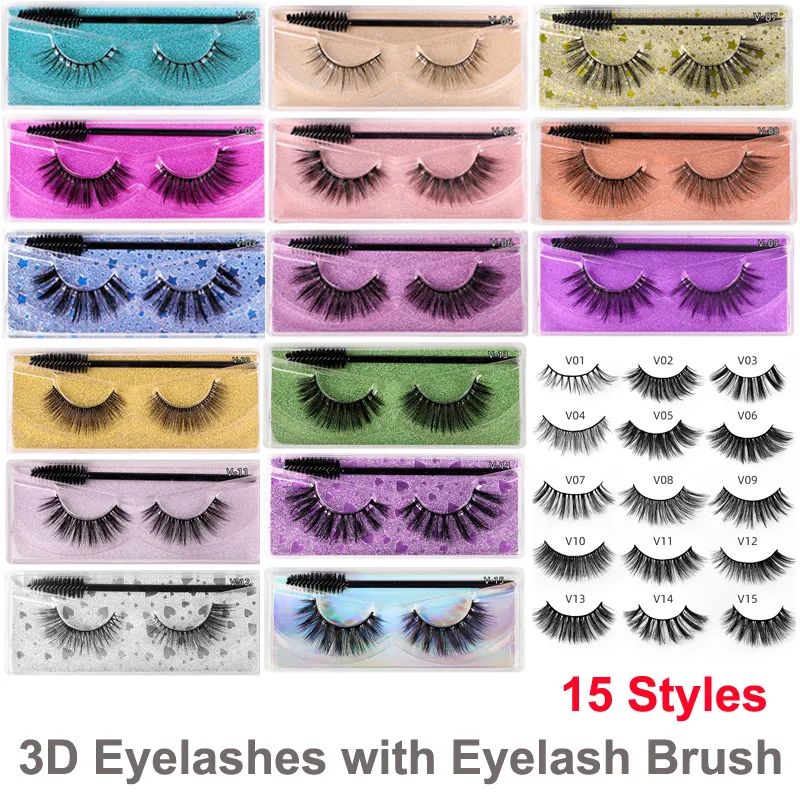 Hot 15 Styles Naturel Faux Cils Doux Épais Naturel 3D Vison Cils Glitter Extension Vison Cils Avec Cils Brosse Maquillage Des Yeux Cils