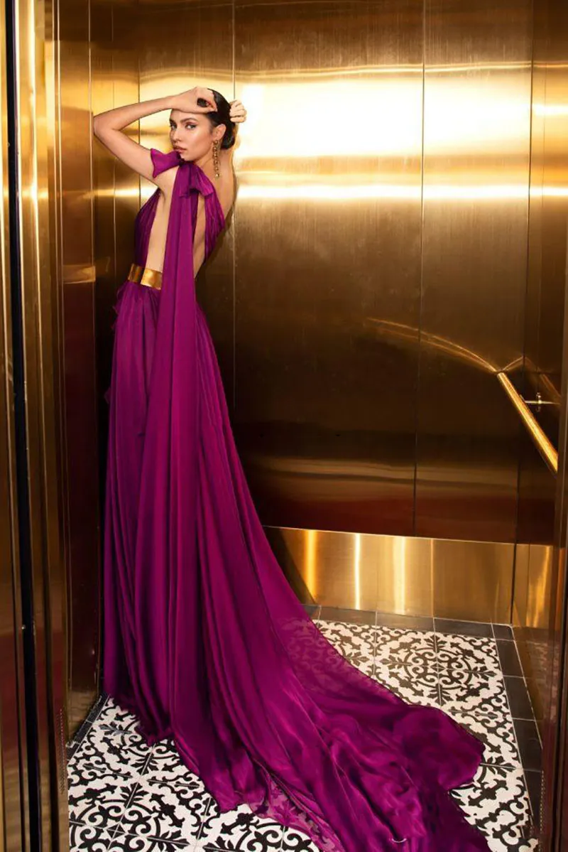 Charming One Shoulder Purple Prom Dresses Sexy Side High Slit Open Back Long Formal Evening Gowns Cheap Chiffon Women Dress vestid2448