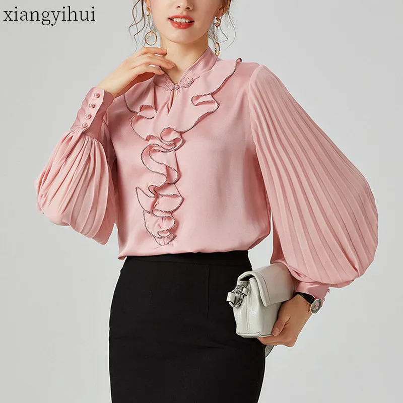 Roze lantaarn mouw zijde blouse vrouwelijke vrouwen herfst mode losse shirt kantoor werk dames casual stand kraag witte shirts