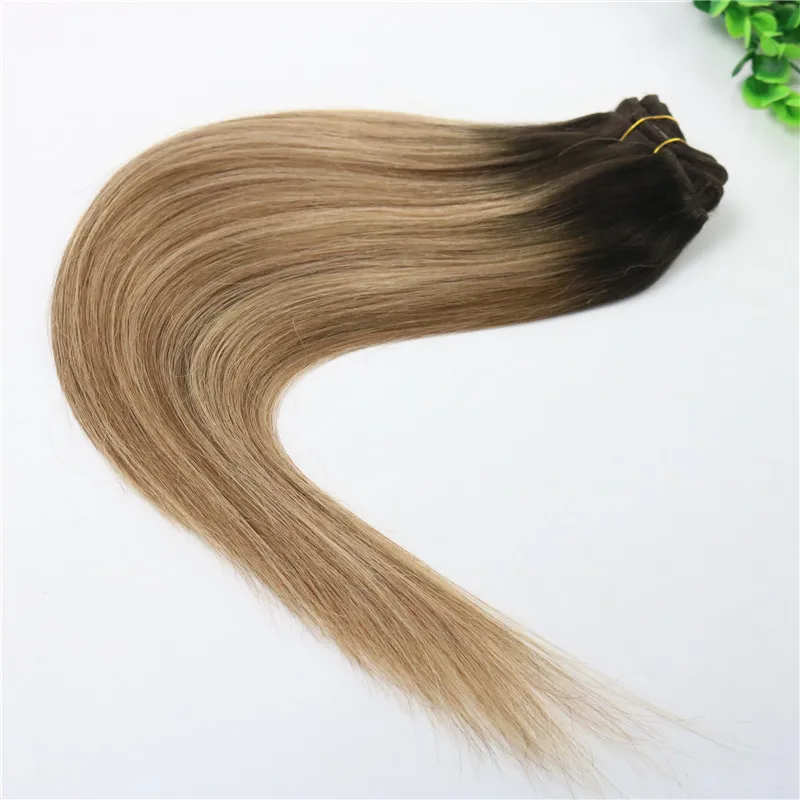 8A 7pcs 120gram Clip In Human Hair Extensions Ombre Brown Human Hair With Strawberry Blonde Balayage Highlights