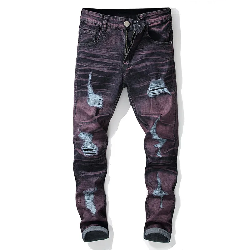 Jeans para hombres Trendy Ripped Purple Men Slim Fit Tobillo apretado Motor Biker Pantalones Punk Rock Hole Color Contraste