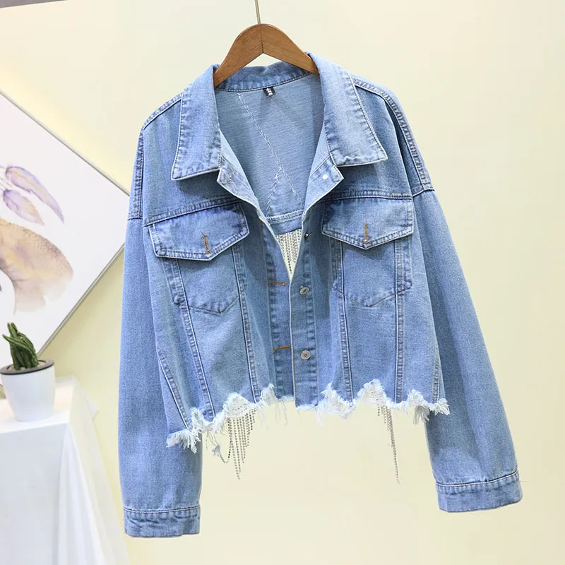 Amazon.com: Jean Jacket for Women Long Sleeve Distressed Ripped Button Up Denim  Jacket with Pockets Fitted Denim Jackets : Sports & Outdoors