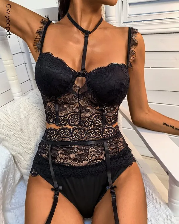 Women Sexy Lace Lingerie Set Hollowed Out Slim Fit V Neck