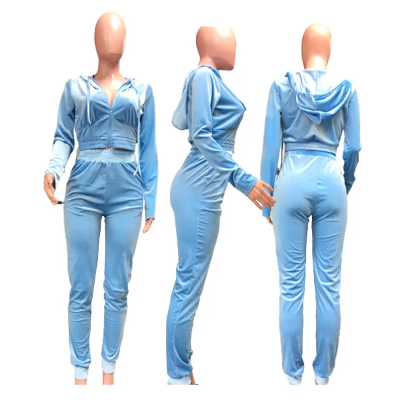 Kvinnor 2-delat set med huva dragkedja Topp träningsoverall Sportkläder Byxor Sammet Stretch Casual Fitness Outfit Jogger Matchande Set Dropshpping234T