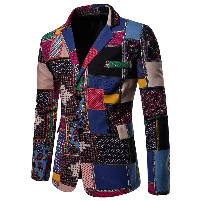 Summer Purple African Style Linen Blazer For Men Slim Fit Floral Printed Mens Jacket Fashion Plus Size Män passar Blazer Male Coat1197w