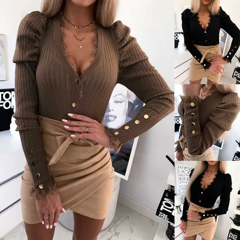 2020 neue Sommer Frauen Mode Hohl V-ausschnitt Spitze Langarm Pullover Sexy Damen Casual Slim Fit T Pullover Damen Tops