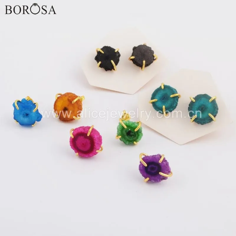 BOROSA 5Pairs Fashion Gold Bezel Claw Freedom Rainbow Natural Solar Quartz Stone Stud Earrings Jewelry Young Style WX1084