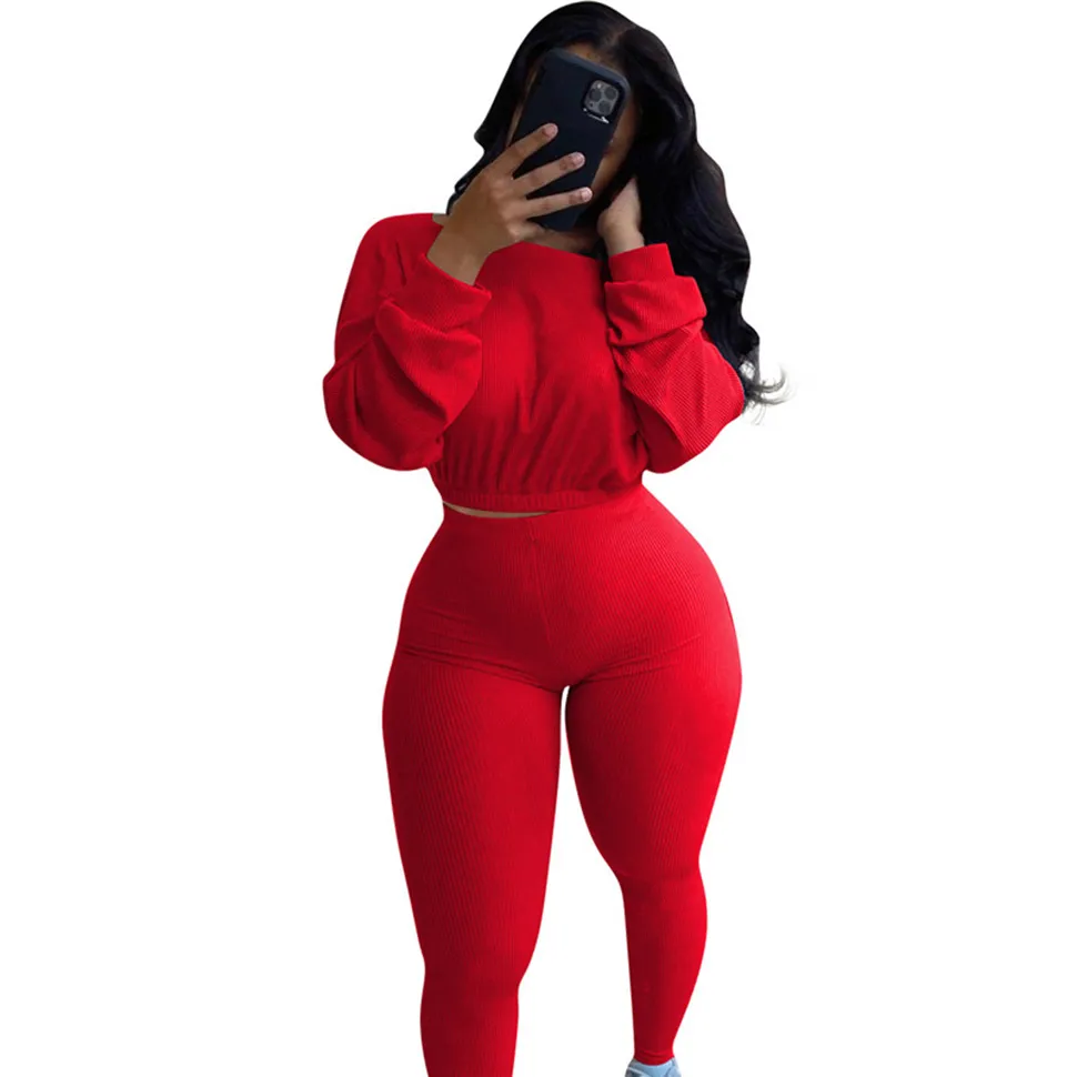 Jesienne kobiety Dwa spodnie Zestaw Długi Rękaw Solid Color Rib Sport Dorywczo Garnitur Crop Top I Ołówek Legginsy Joggers Stroje fitness