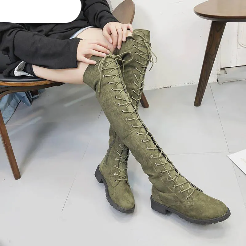 Sexy Lace Up Over Knee Boots Women rome style Women Flats Shoes Woman suede long Boots Winter Thigh High Boots