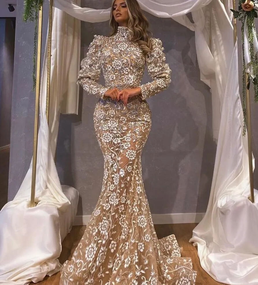 Suknia wieczorowa Yousef Aljasmi Kendal Jenner Kobiety Dress Kim Kardashian Mermaid High-Neck Lace High Ramię Długi rękaw