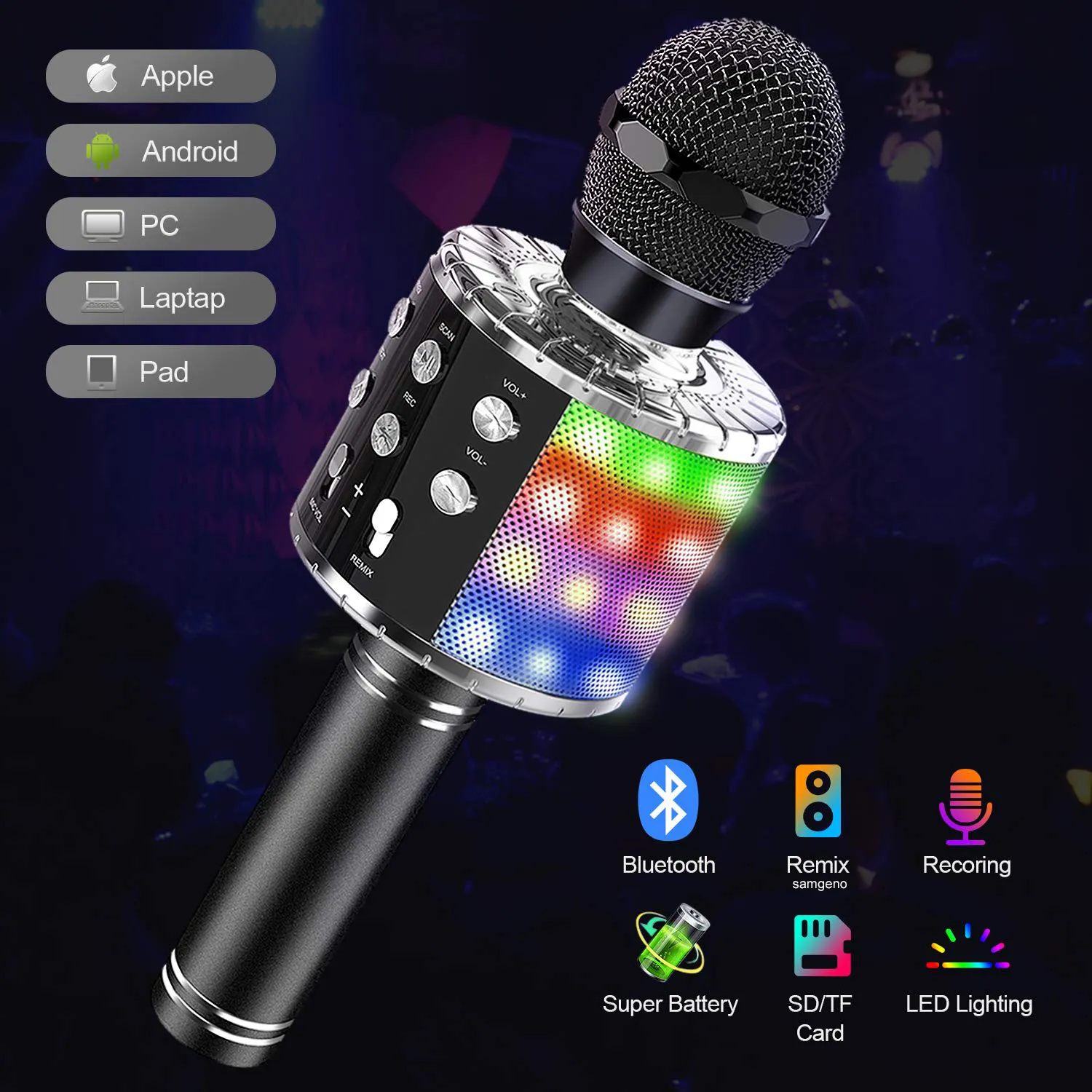 Freeshipping Wireless Karaoke Microphone 4 in 1 Bluetooth Microphone for Kids With Led Lights Speaker Record Remix Function