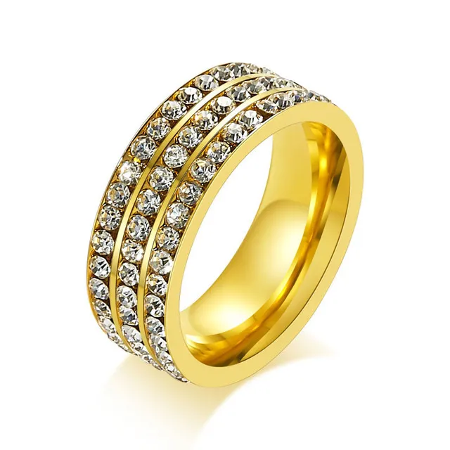 New Fashion Wedding Rings For Women Gold-Color Stainless Steel 3 Row Crystal Cubic Zirconia Ring Jewelry Wholesale