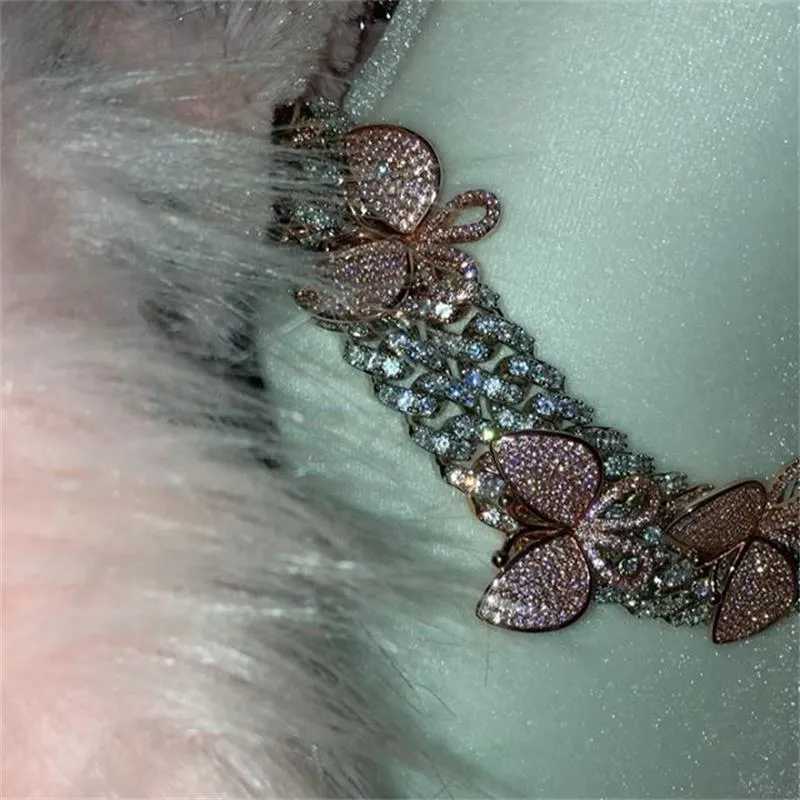 Łęczący Różowy Kubański Link Butterfly Choker Naszyjnik Kobiety Bling Regulowany Kryształ Rhinestone Naszyjnik Łańcuch Mężczyzna Srebrny Kolor