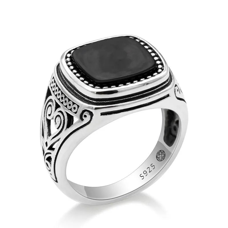 925 sterling silver herrring med Suqare natursten snidad design thailändsk silverring för kvinnor män turkiska smycken