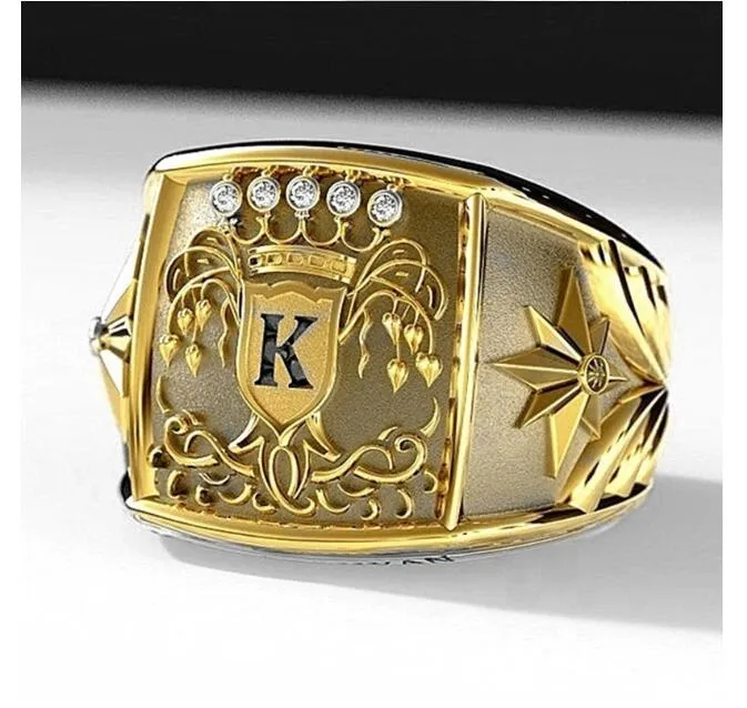 Luxury Gold Color Letter K Men's Ring with Trophy Pattern, Dazzling CZ,  Husband Wedding Party Ring, Birthday Gift, Fashion Jewelry