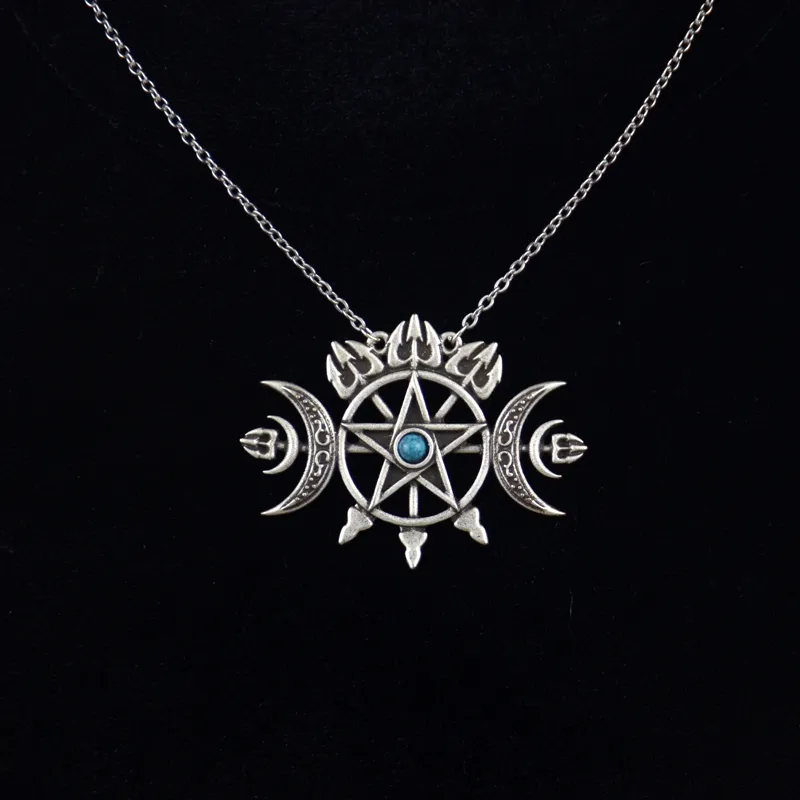 Hanger Kettingen Triple Crescent Moon Met Pentagram Ketting Sigil Van Geest Pagan Sieraden Wiccan Gothic Necklace1254K