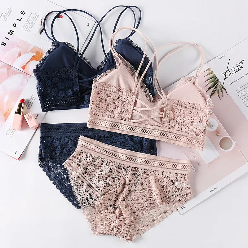 Women Embroidery Lace Lingerie Underwear Push-Up Padded Bra Set Brassiere