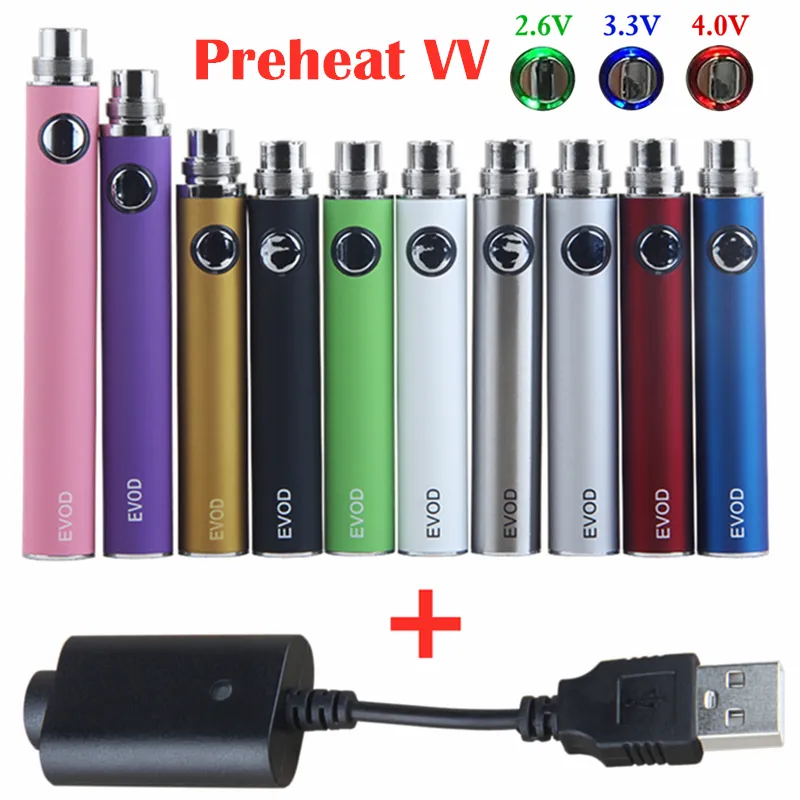 Migliore qualità 100% EVOD Preriscaldamento VV Vaporizzatore Batteria 1100 900 650mAh Tensione variabile E Sigaretta 510 Thread Vape Pen E-Cig eGo Caricatore USB adatto CE4 MT3 Atomizzatore Cartucce