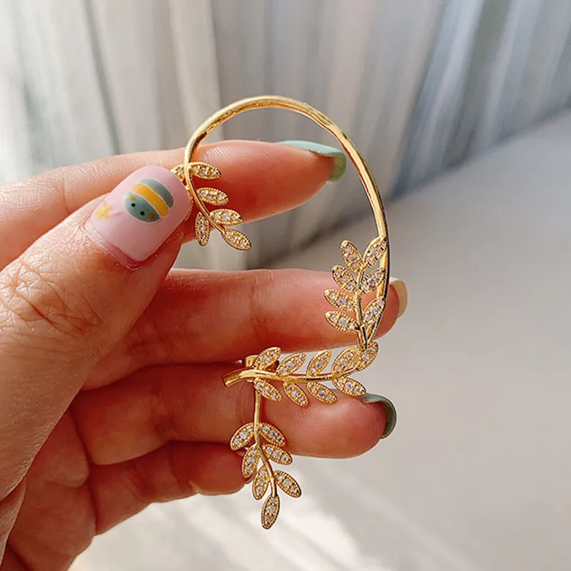 tree leaf earrings shining crystal diamond ear clip new fashion Korean style luxury design girls gift