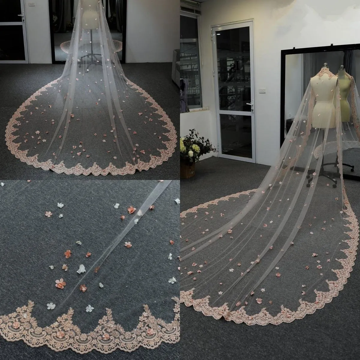 2021 Bir Katman Gelin Veils Dantel Kenar 3D Aplike Uzun Düğün Veil Custom Made Düğün Aksesuarları