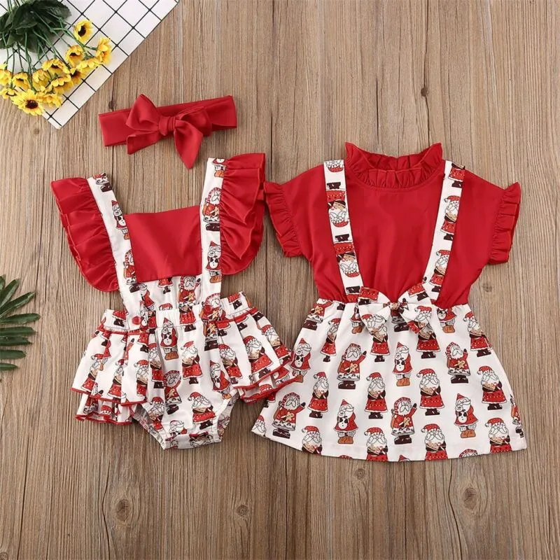 PUDCOCO Sister Matching Clothes Toddler Kid Baby Girl Romper Headband Bib Dress Christmas Outfits