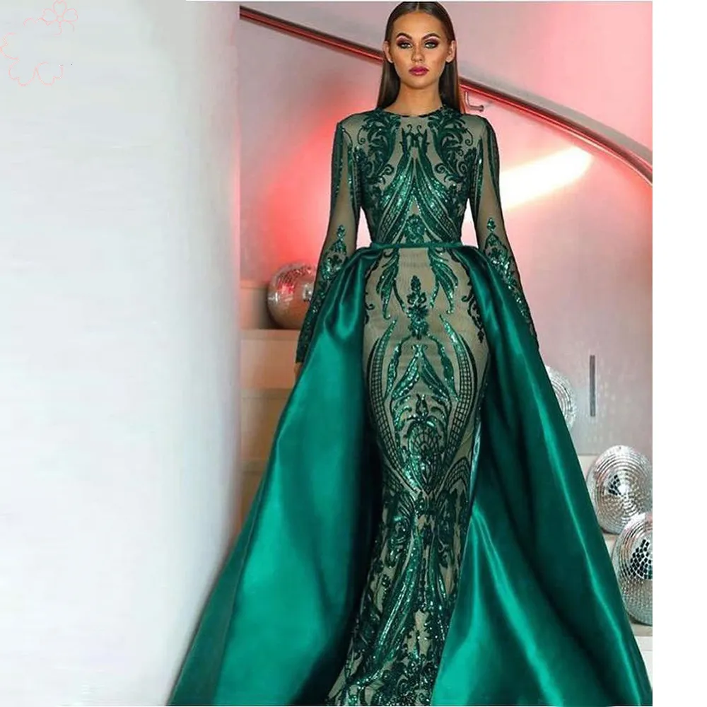 2021 Arabic Dubai Mermaid Formal Evening Dresses With Detachable Train Appliques Glitter Sequins Women Elegant Long Sleeves Prom Party Gowns