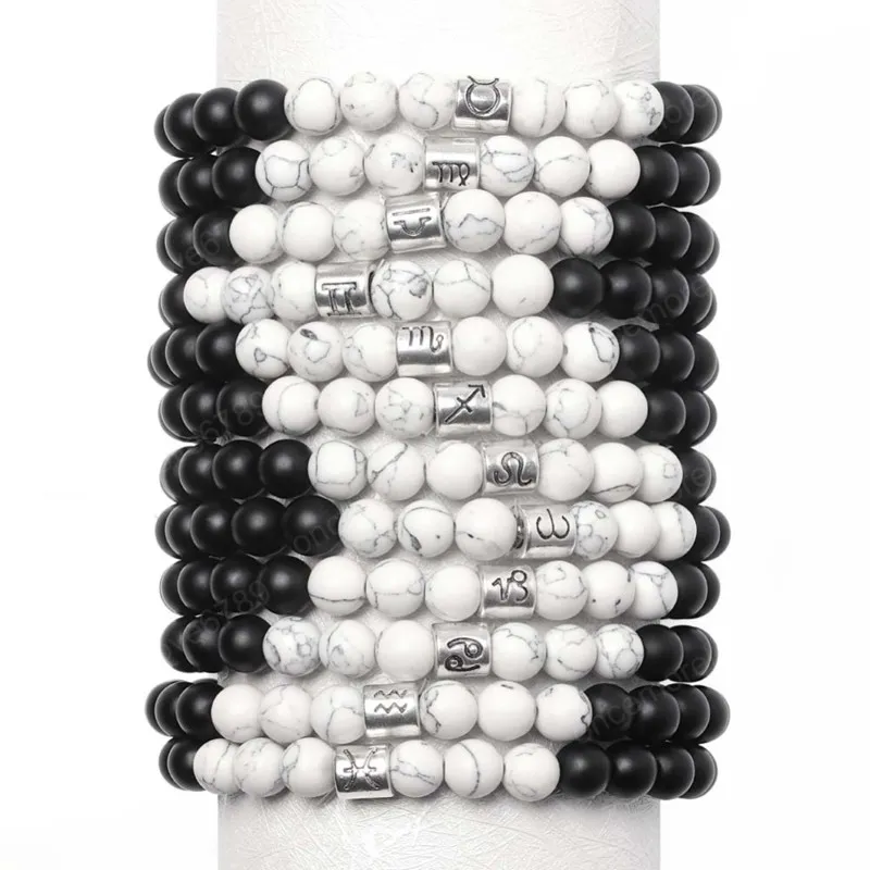 12 signes du zodiaque 8mm pierre mate blanc perles élastiques Bracelets Vintage Constellation Horoscope Bracelets bijoux pour hommes femmes