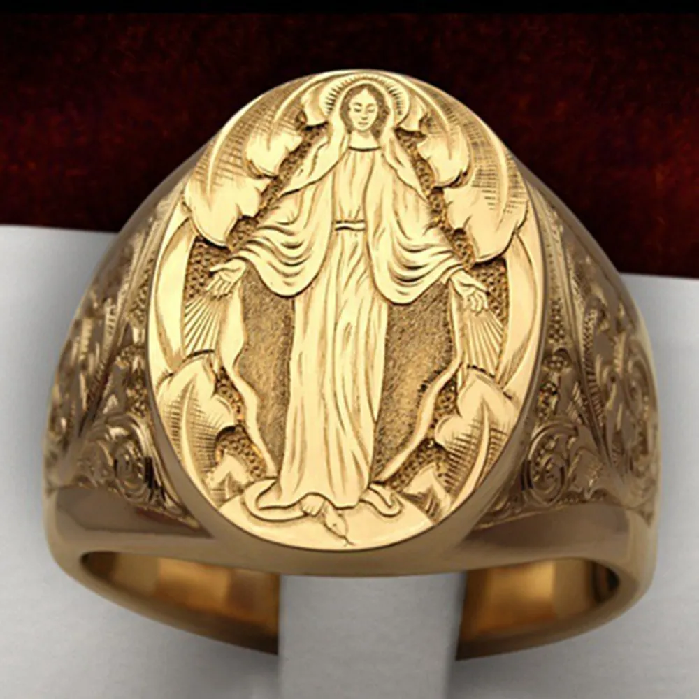 Vintage Ręcznie grawerowany Dziewica Maryja Religijna Pierścień Europejska i amerykańska Men039s Women039s Pierścienie G1247143485