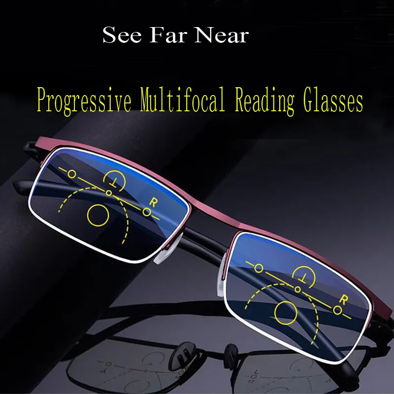 Moda Aksesuarları Güneş Gözlüğü İlerici Okuma Gözlükleri Multifokal Anti Mavi Işın Camları Yarım Çerçeve Metal Alaşım Erkekler Kadınlar 1.5 1.0 2.5 Siyah