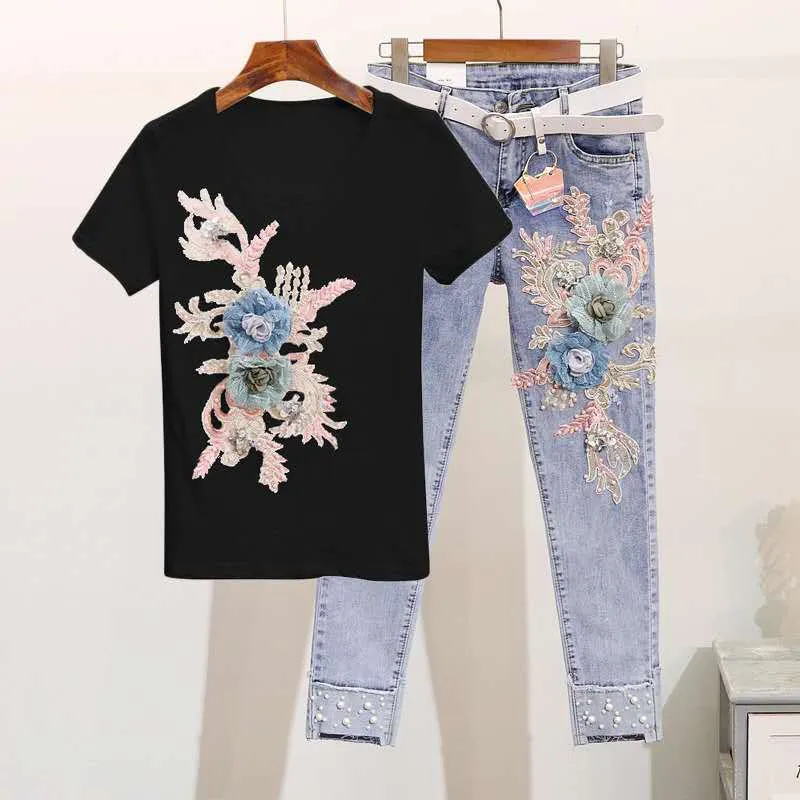 Damskie dresy dla kobiet letnie koraliki Zestawy Kobiety ciężkie haft 3D Flower krótkie rękawowe i dżinsy 2PCS Odzież żeńska swobodne garnitury Y79