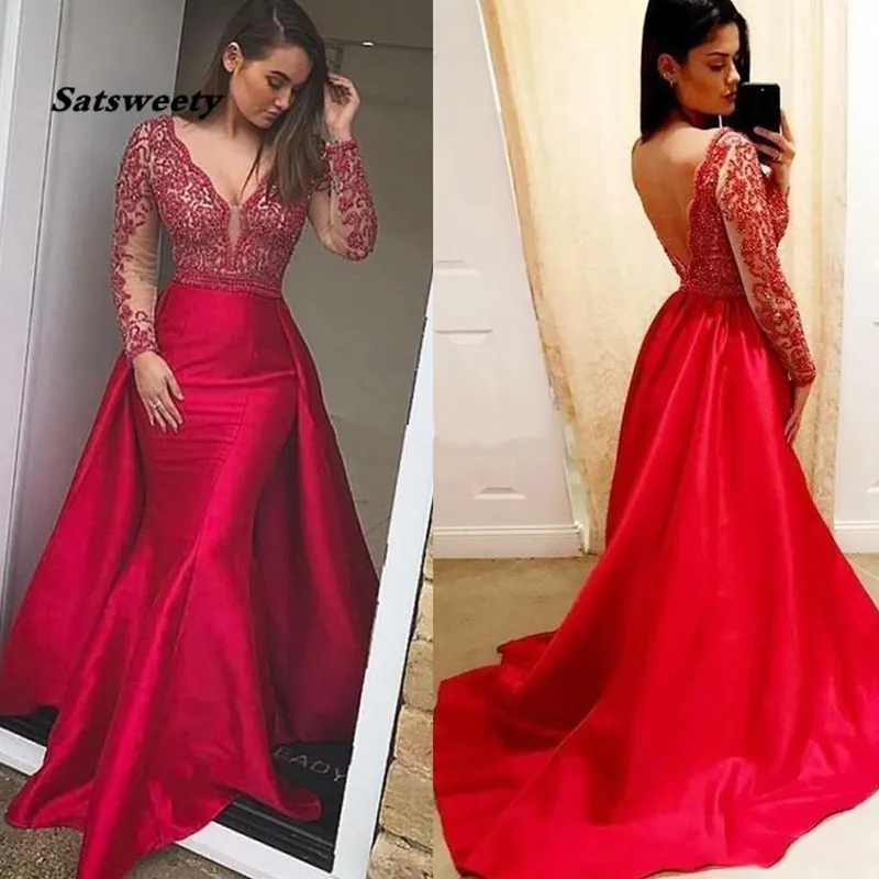 Red Mermaid Prom Dresses Scollo a V a maniche lunghe in raso Appliques Backless sexy Plus Size abiti da sera del partito staccabile Gonna