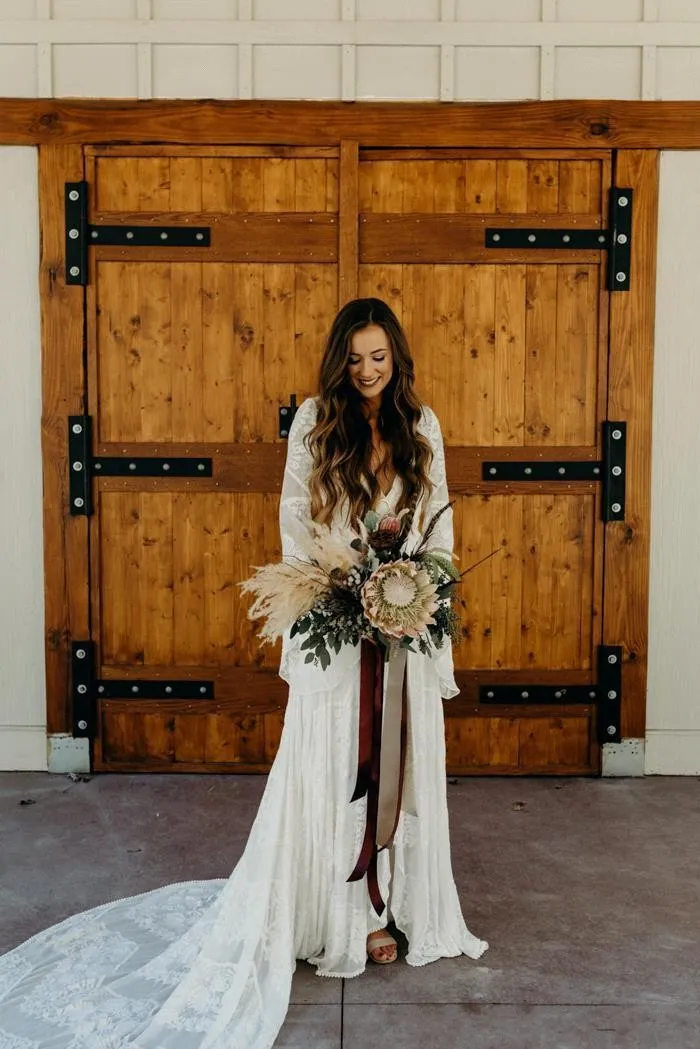 Bohemian Lace A-Line boho Beach wedding dress with V-Neck and Long Sleeves, Sweep Train - Plus Size Bridal Gown Bohemian Lace A-Line boho Beach wedding dress with V-Neck and Long Sleeves, Sweep Train - Plus Size Bridal Gown