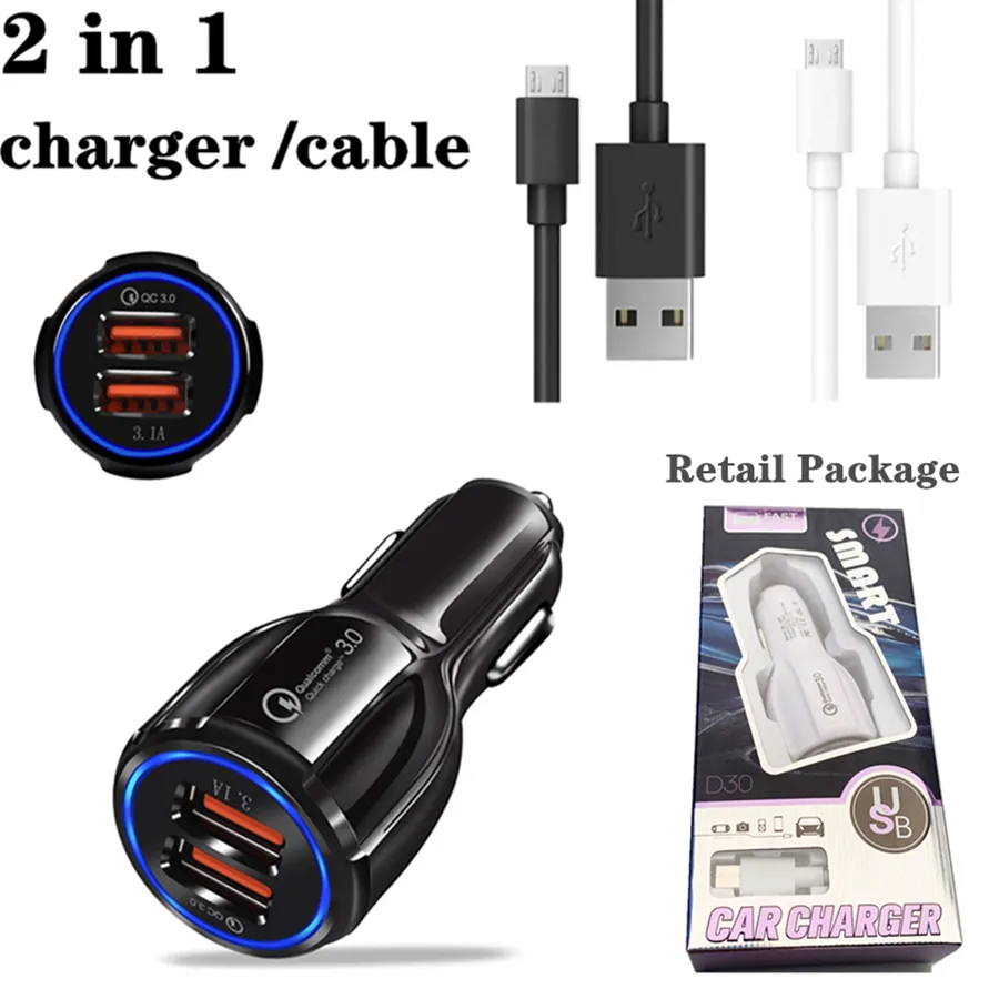 Chargeur USB de voiture à 2 ports Charge rapide Chargeur de téléphone portable USB Chargeur de voiture rapide Câble typec Câble micro Câbles rapides de 1M avec emballage de vente au détail