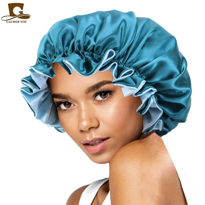 Dubbel satin spets nattkapp extra stor runda mössa kvinnor hattar mode hatt headwrap motorhuven headwrap