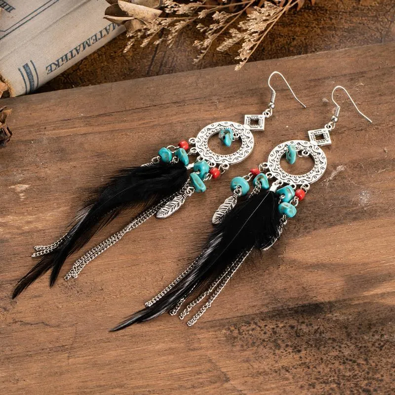 Charming Elegant Ehnic Bohemian Black Feather Earrings Long