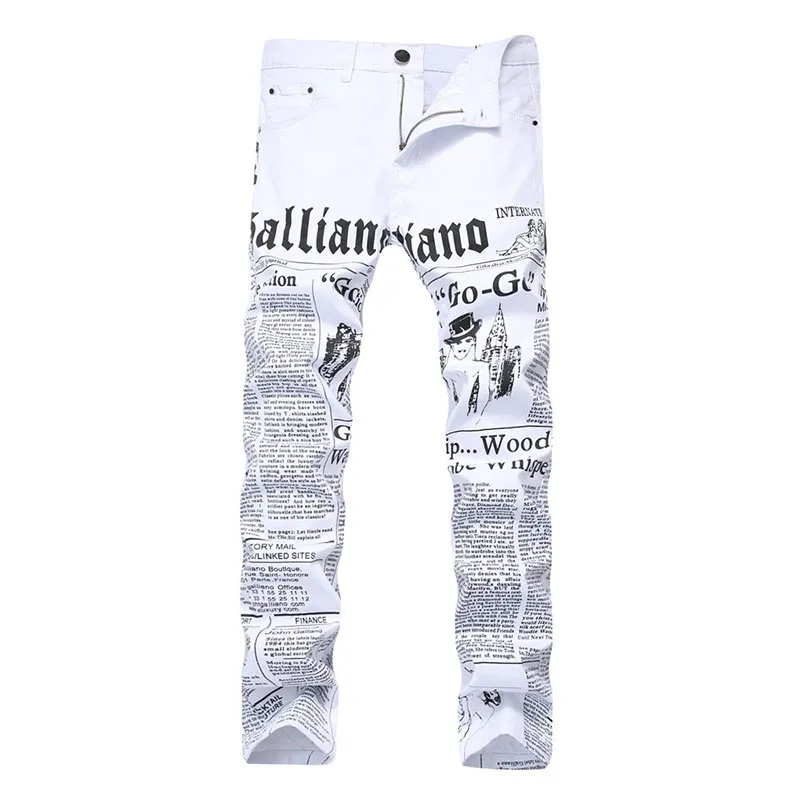 Männer Jeans Männer Gerade Slim Fit Skinny Weiße Farbe Hosen Brief Gedruckt Mode Männliche Denim Hosen Drop
