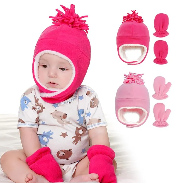 Baby barn vinter hatt baby stickad hatt 2020 ny plysch hatt handske set baby vinter skyddar öron stickade kepsar