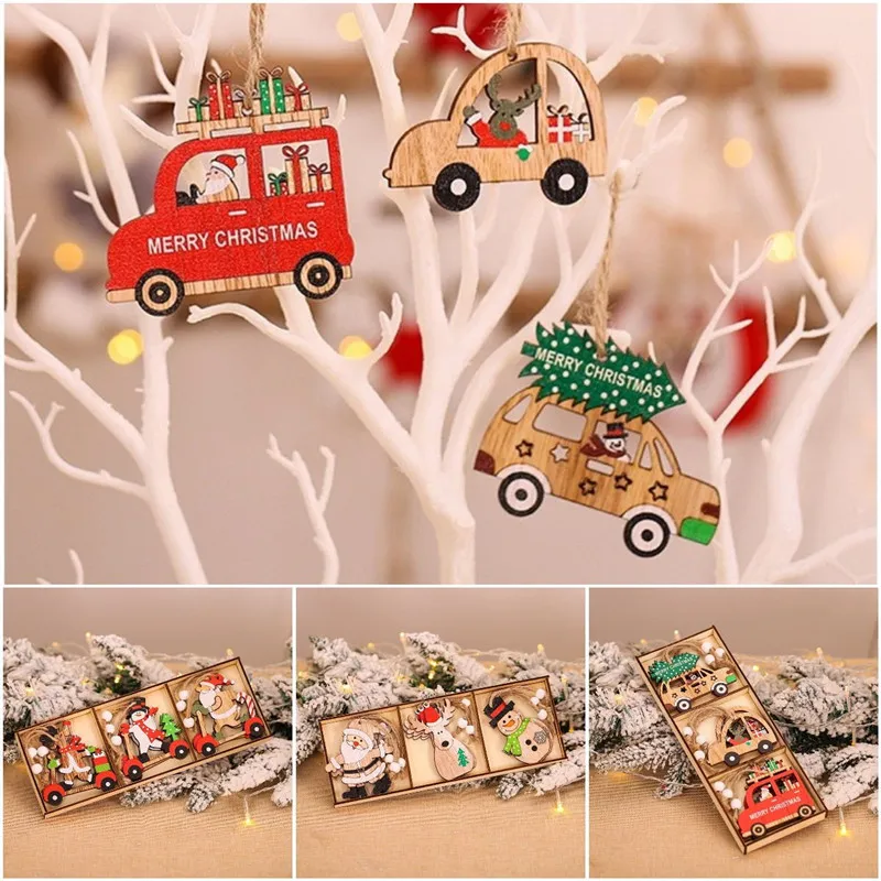 Décorations de Noël Pendentif Père Noël combinaison pendentif voiture en bois décoration d'arbre de Noël accrocher pièce dessin animé Pendentif de Noël T9I00550