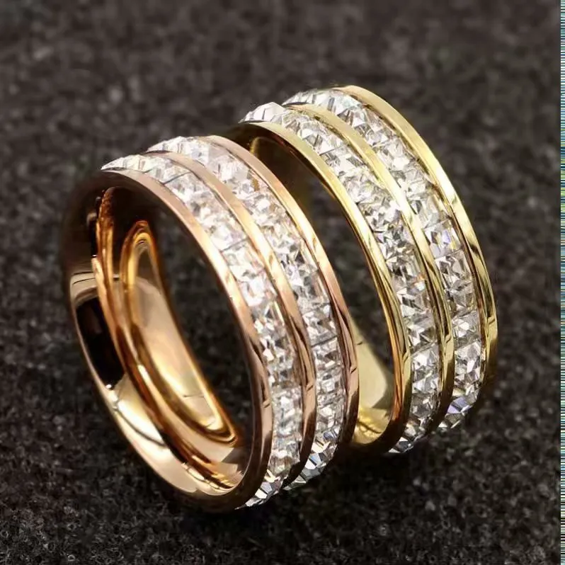 Damenschmuck Edelstahl Inlaid Zirkon Ring Einzelne Reihe Und Doppelreihe Rose Gold Ring Paar Schmuck Frau und Mann Ringe mit Kiste