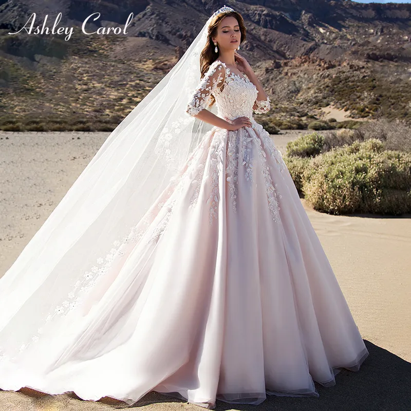 Ashley Carol Pink A-Line Abiti da sposa 2020 Vestido De Noiva Mezze maniche Principessa Sexy Scoop Fiori 3D Abiti da sposa vintage