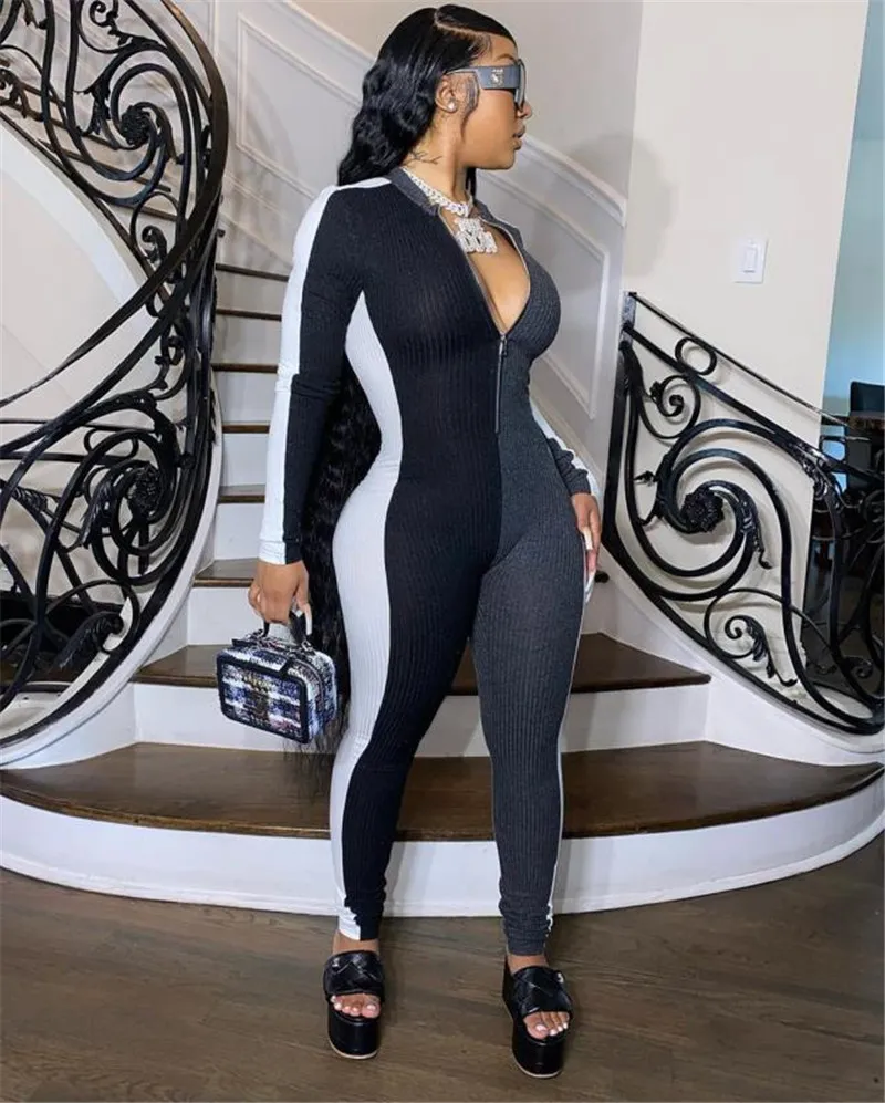 Plus la taille d'été femmes à manches longues combinaisons mode lambrissé barboteuses plus grande taille body skinny décontracté col en V salopette leggings 3750