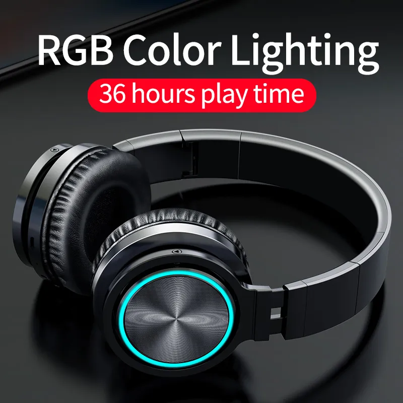 Headsets Picun B12 Wireless Headphones Bluetooth 5.0 Headphone With 7 Color Led Light 36H Play Time Supoort TF Card Headset For Phone PC1