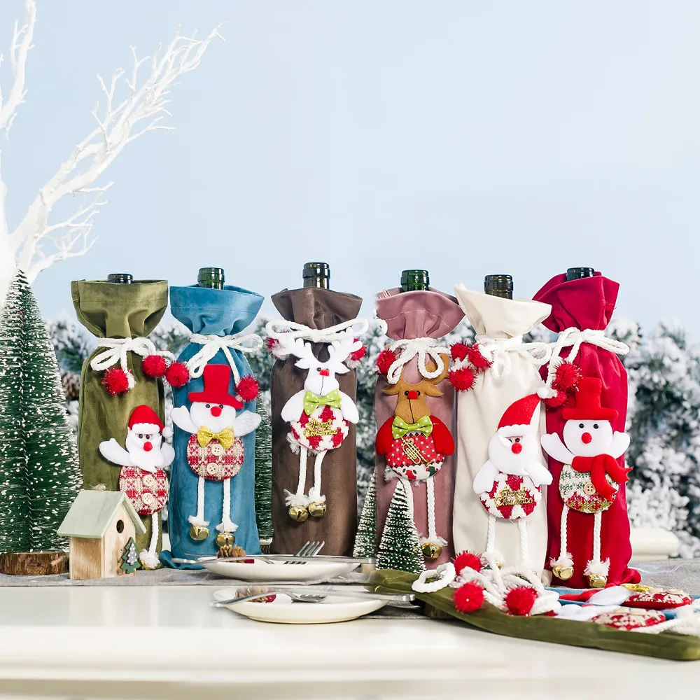Decorazioni natalizie bambola di stoffa tridimensionale Flanella natalizia vino rosso Copri bottiglia di champagne Copri T3I51115