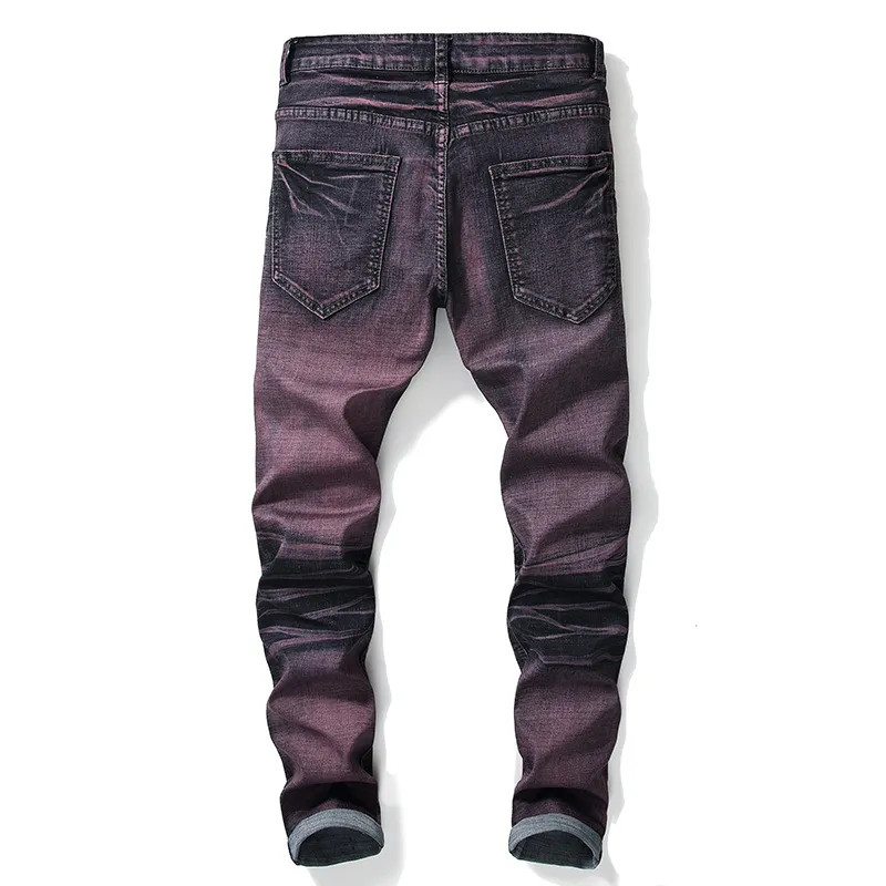 Męskie dżinsy modne rozerwane fioletowe mężczyźni Slim Fit 2021 ciasne kostki motocyklowe spodnie rower